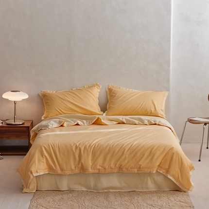 91家纺网 家纺一手货源 找家纺 安莱生活 2023新款60贡缎双拼小宽边四件套 奶杏双拼奶黄