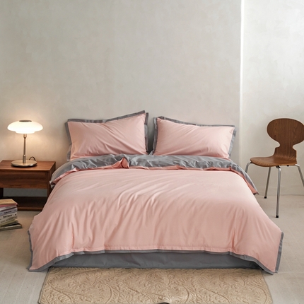 91家纺网 家纺一手货源 找家纺 安莱生活 2023新款60贡缎双拼小宽边四件套 嫩粉双拼浅灰