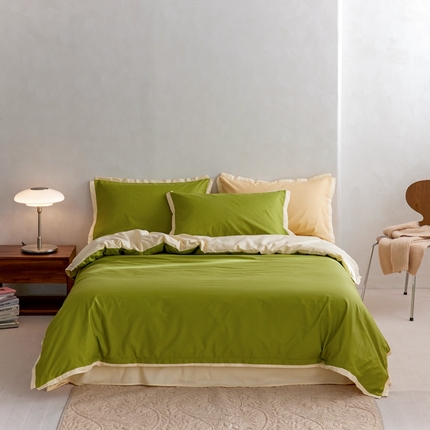 91家纺网 家纺一手货源 找家纺 安莱生活 2023新款60贡缎双拼小宽边四件套 果绿双拼奶黄