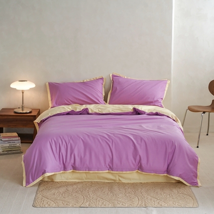91家纺网 家纺一手货源 找家纺 安莱生活 2023新款60贡缎双拼小宽边四件套 紫嫣双拼奶黄