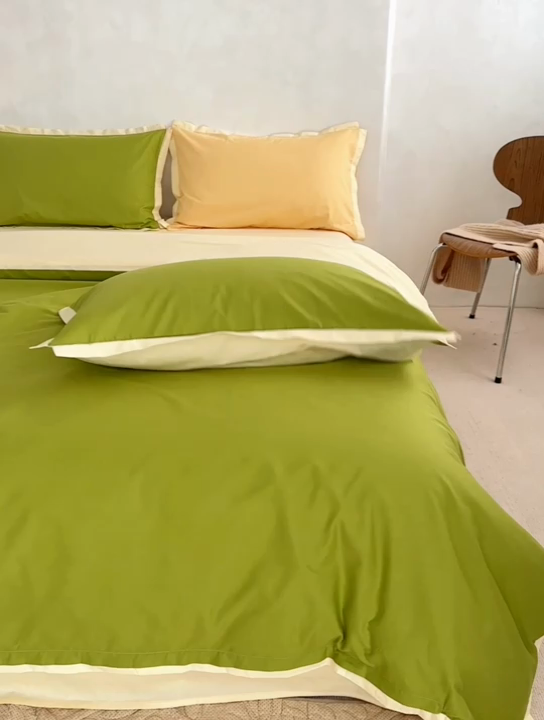 91家纺网 家纺一手货源 找家纺 安莱生活 2023新款60贡缎双拼小宽边四件套 果绿双拼奶黄