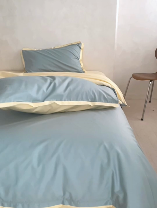 91家纺网 家纺一手货源 找家纺 安莱生活 2023新款60贡缎双拼小宽边四件套 青柠双拼奶黄