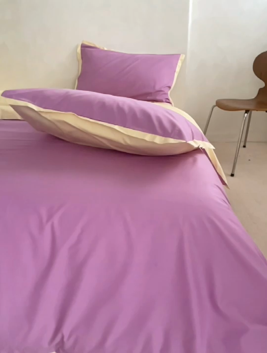91家纺网 家纺一手货源 找家纺 安莱生活 2023新款60贡缎双拼小宽边四件套 紫嫣双拼奶黄