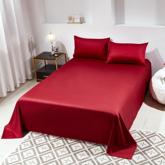91家纺网 家纺一手货源 找家纺 晶缦 2023新款全棉纯棉60支贡缎长绒棉纯色多规格单品床单 琅夕-酒红色