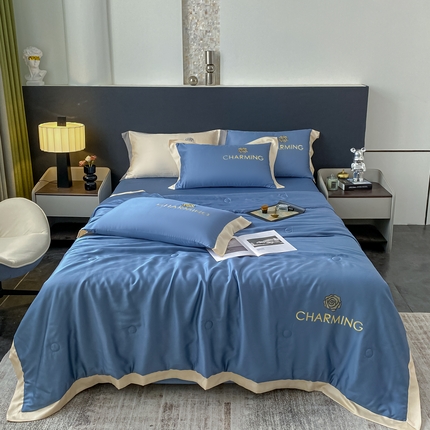 91家纺网 家纺一手货源 找家纺 佰亿莱2024新款水洗真丝刺绣山茶花夏被 山茶花-宾利蓝