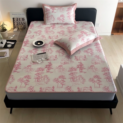 2025新款凉感抗菌防螨印花冰丝养生席床笠款 西西里粉