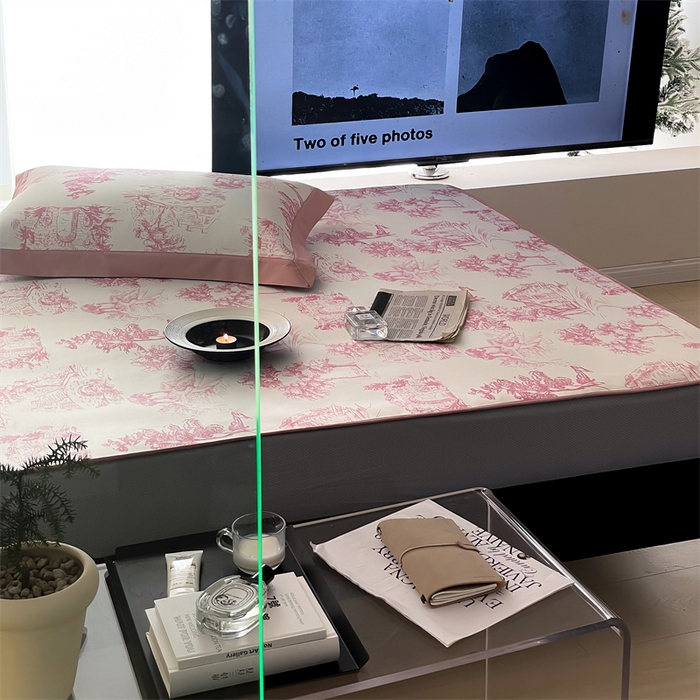 91家纺网 家纺一手货源 找家纺 2025新款凉感抗菌防螨印花冰丝养生席床笠款 西西里粉