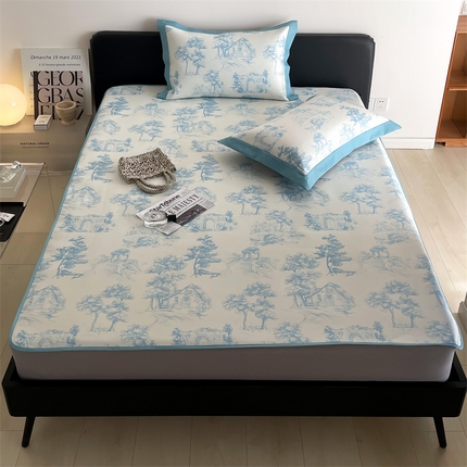 2025新款凉感抗菌防螨印花冰丝养生席床笠款 西西里蓝