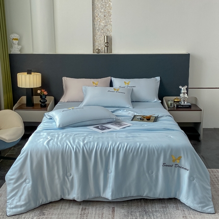 91家纺网 家纺一手货源 找家纺 佰亿莱2024新款水洗真丝蝶舞夏被 蝶舞-天空兰