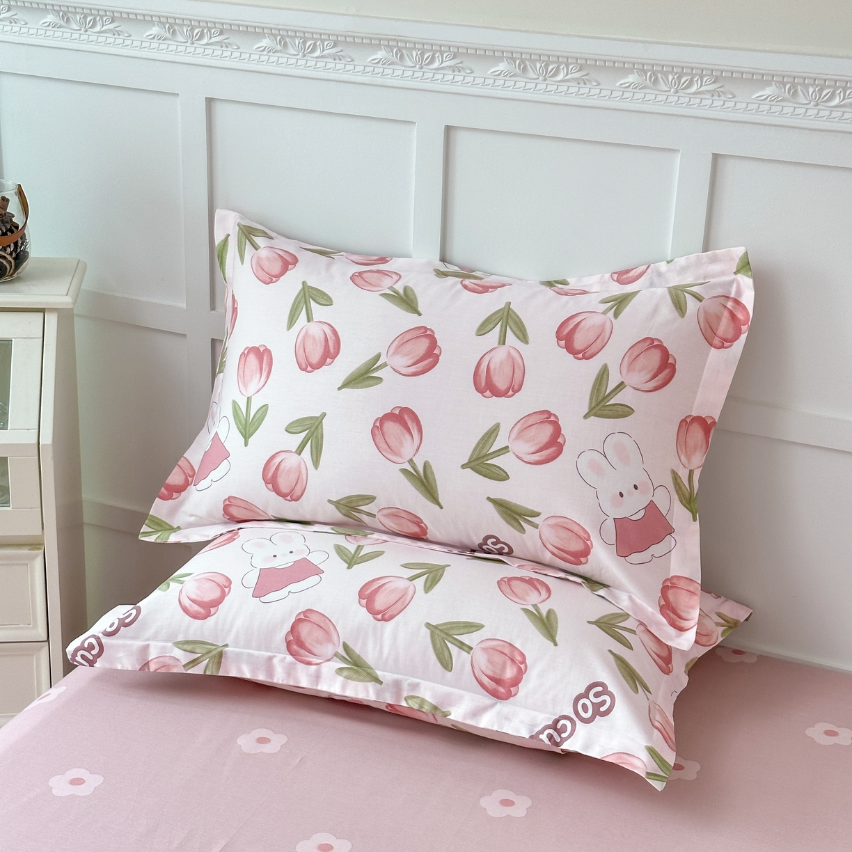 91家纺网 家纺一手货源 找家纺 帛织澜家纺 2025新款12868全棉喷气印花枕套 花仙兔