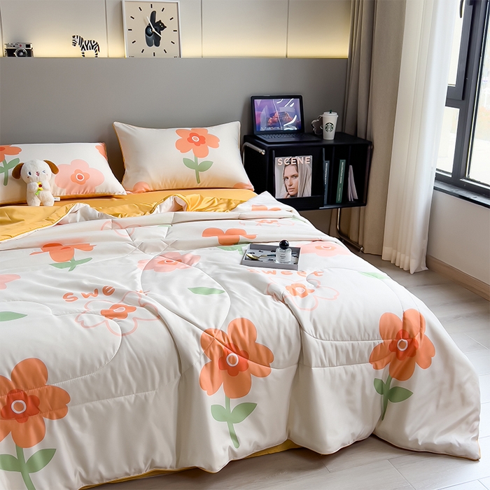 91家纺网 家纺一手货源 找家纺 梦舒羽 2025新款夏凉被空调被可机洗儿童被夏季双人夏被四件套 暗香橙