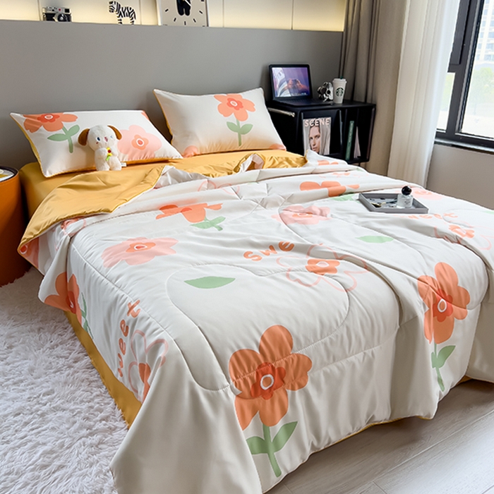 91家纺网 家纺一手货源 找家纺 梦舒羽 2025新款夏凉被空调被可机洗儿童被夏季双人夏被四件套 暗香橙