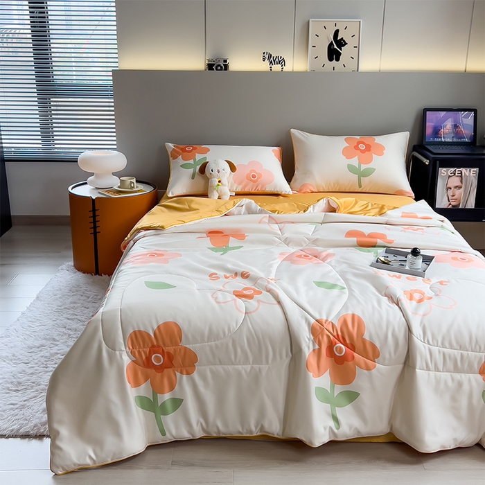 91家纺网 家纺一手货源 找家纺 梦舒羽 2025新款夏凉被空调被可机洗儿童被夏季双人夏被四件套 暗香橙