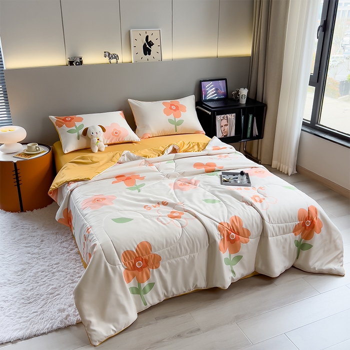 91家纺网 家纺一手货源 找家纺 梦舒羽 2025新款夏凉被空调被可机洗儿童被夏季双人夏被四件套 暗香橙