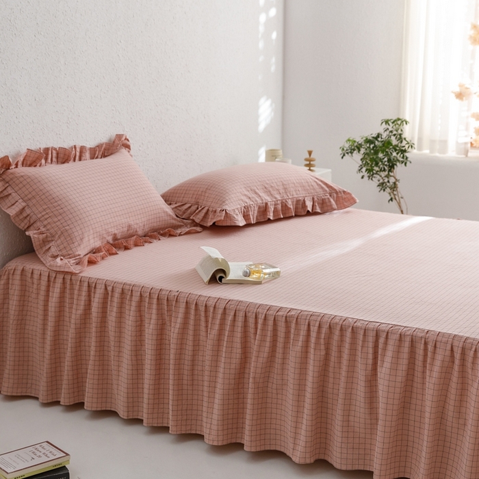 91家纺网 家纺一手货源 找家纺 忘忧草 2023新款全棉色织水洗棉床裙纯棉格子 格物-豆沙