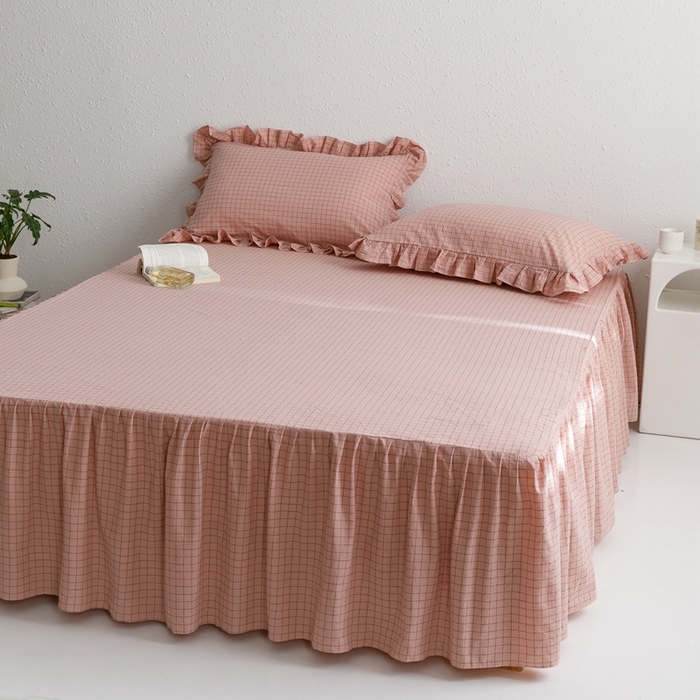 91家纺网 家纺一手货源 找家纺 忘忧草 2023新款全棉色织水洗棉床裙纯棉格子 格物-豆沙