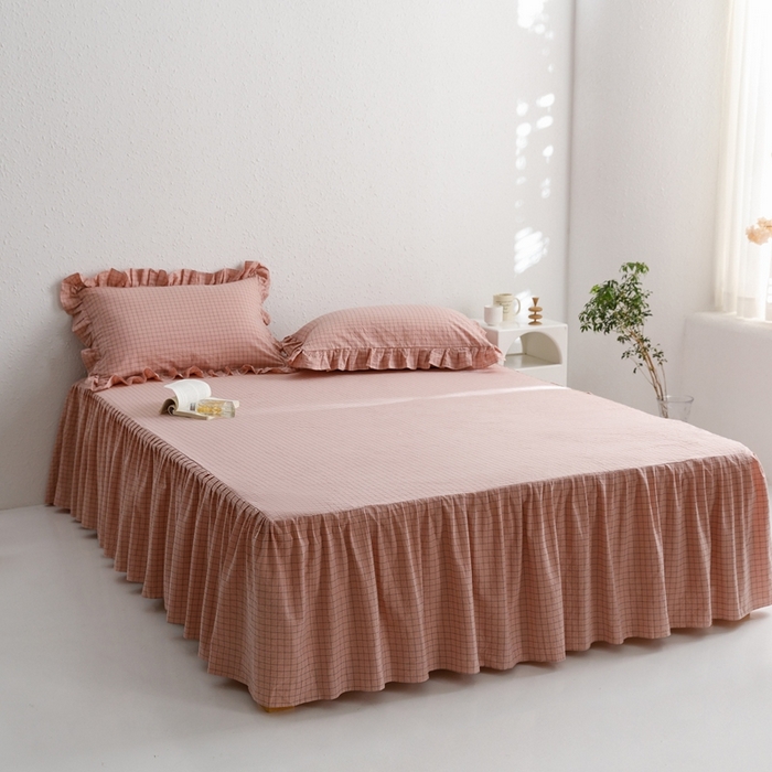 91家纺网 家纺一手货源 找家纺 忘忧草 2023新款全棉色织水洗棉床裙纯棉格子 格物-豆沙