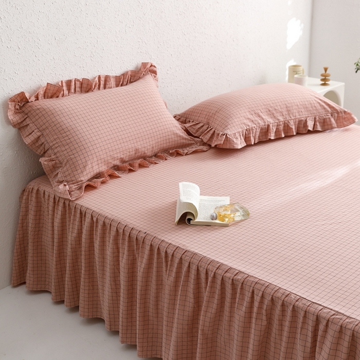 91家纺网 家纺一手货源 找家纺 忘忧草 2023新款全棉色织水洗棉床裙纯棉格子 格物-豆沙