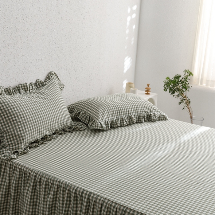 91家纺网 家纺一手货源 找家纺 忘忧草 2023新款全棉色织水洗棉床裙纯棉格子 雅尚-绿小格