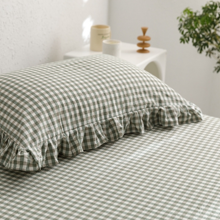 91家纺网 家纺一手货源 找家纺 忘忧草 2023新款全棉色织水洗棉床裙纯棉格子 雅尚-绿小格