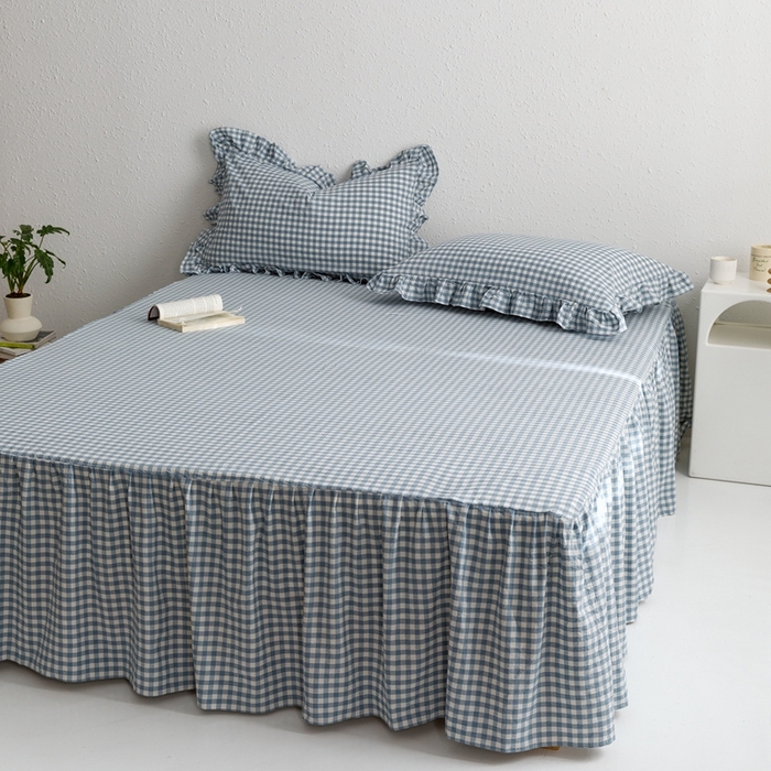 91家纺网 家纺一手货源 找家纺 忘忧草 2023新款全棉色织水洗棉床裙纯棉格子 雅尚-蓝小格