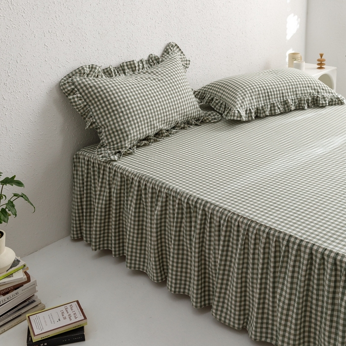 91家纺网 家纺一手货源 找家纺 忘忧草 2023新款全棉色织水洗棉床裙纯棉格子 雅尚-绿小格