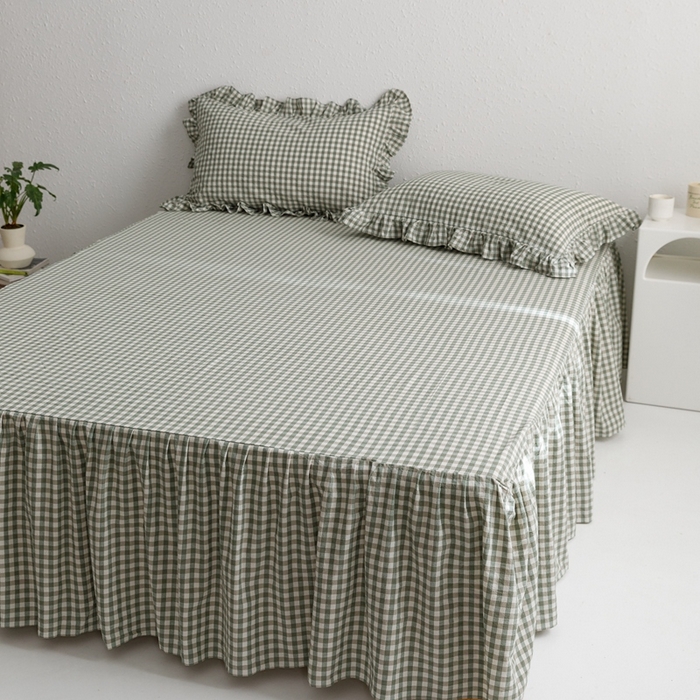 91家纺网 家纺一手货源 找家纺 忘忧草 2023新款全棉色织水洗棉床裙纯棉格子 雅尚-绿小格