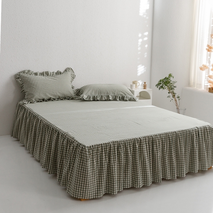 91家纺网 家纺一手货源 找家纺 忘忧草 2023新款全棉色织水洗棉床裙纯棉格子 雅尚-绿小格