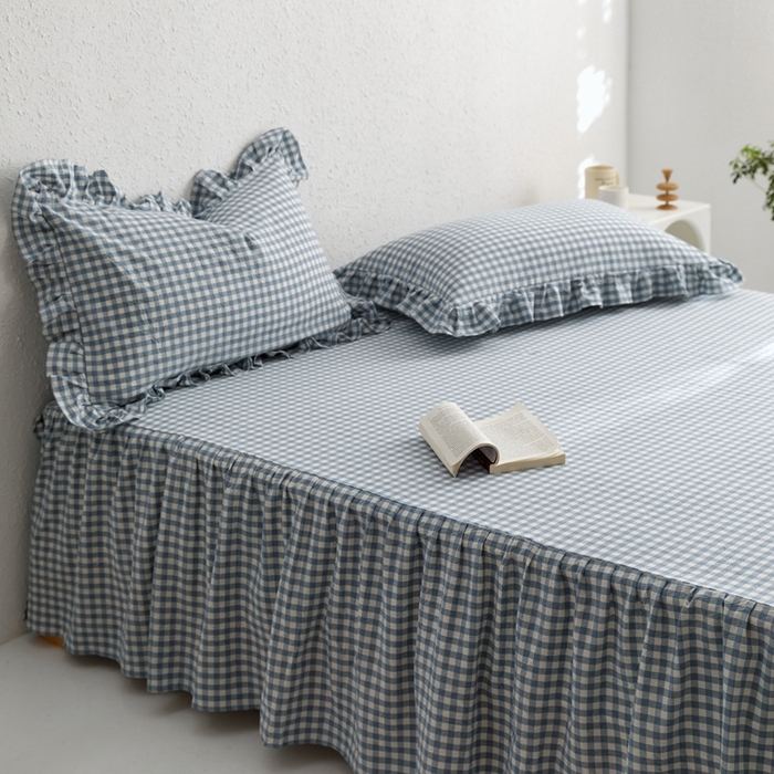 91家纺网 家纺一手货源 找家纺 忘忧草 2023新款全棉色织水洗棉床裙纯棉格子 雅尚-蓝小格