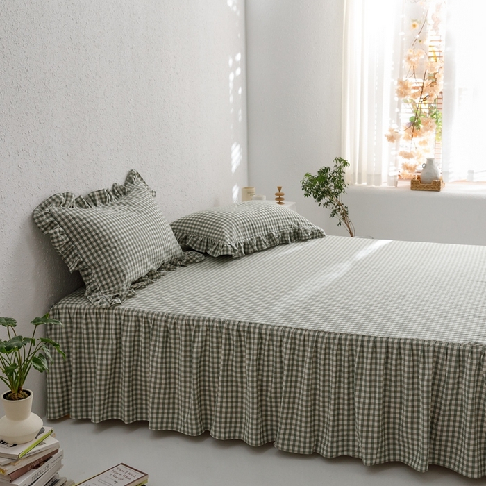 91家纺网 家纺一手货源 找家纺 忘忧草 2023新款全棉色织水洗棉床裙纯棉格子 雅尚-绿小格