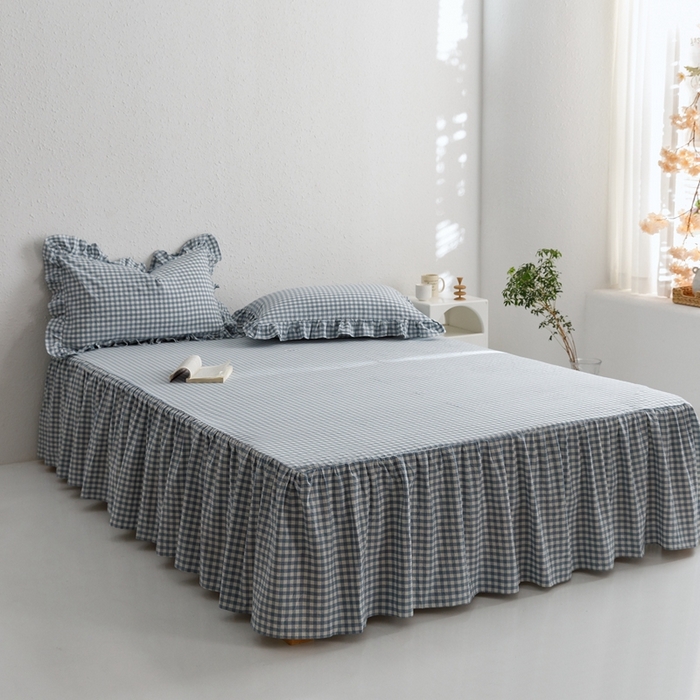 91家纺网 家纺一手货源 找家纺 忘忧草 2023新款全棉色织水洗棉床裙纯棉格子 雅尚-蓝小格