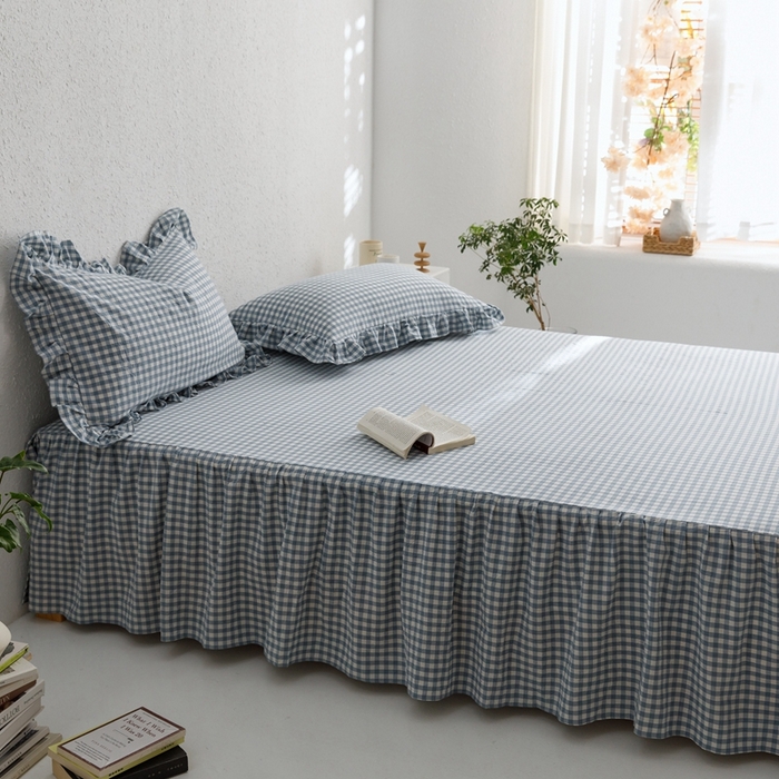 91家纺网 家纺一手货源 找家纺 忘忧草 2023新款全棉色织水洗棉床裙纯棉格子 雅尚-蓝小格