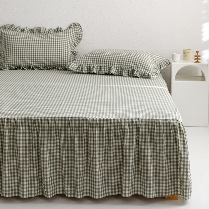 91家纺网 家纺一手货源 找家纺 忘忧草 2023新款全棉色织水洗棉床裙纯棉格子 雅尚-绿小格