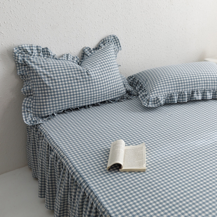 91家纺网 家纺一手货源 找家纺 忘忧草 2023新款全棉色织水洗棉床裙纯棉格子 雅尚-蓝小格