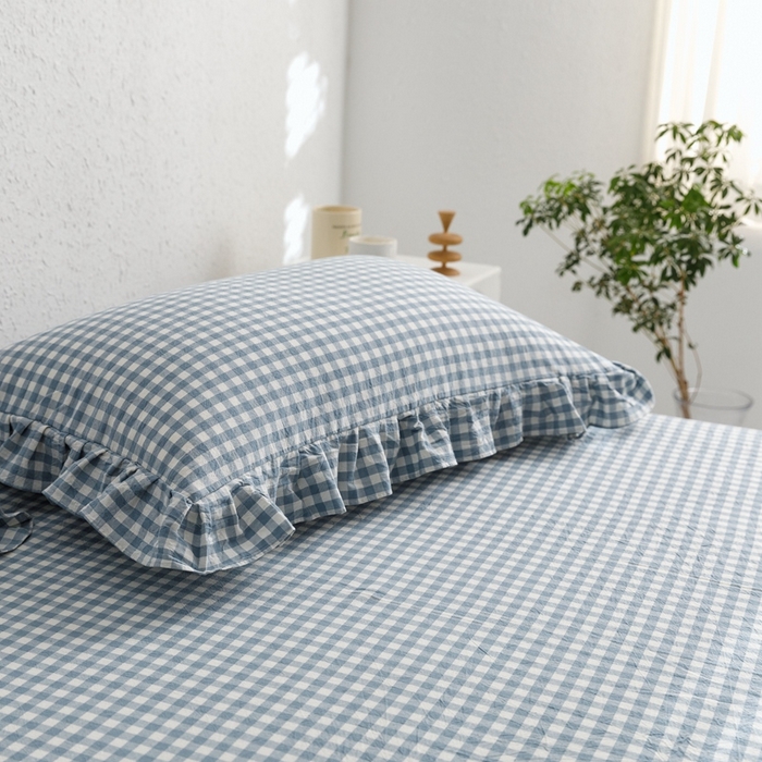 91家纺网 家纺一手货源 找家纺 忘忧草 2023新款全棉色织水洗棉床裙纯棉格子 雅尚-蓝小格
