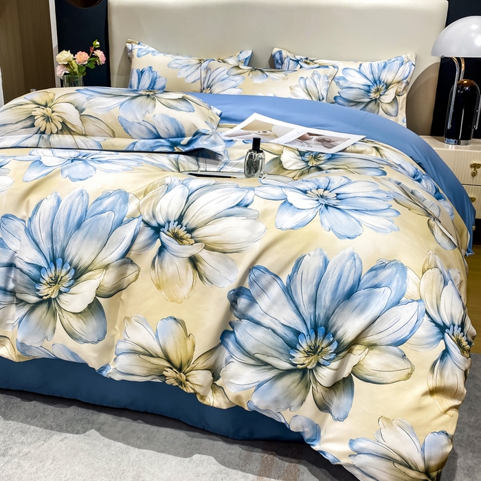 91家纺网 家纺一手货源 找家纺 红日子纺织品 2023新款水洗真丝印花四件套 向阳花开