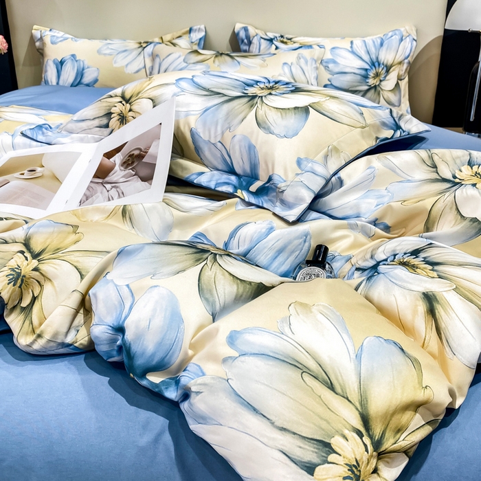 91家纺网 家纺一手货源 找家纺 红日子纺织品 2023新款水洗真丝印花四件套 向阳花开