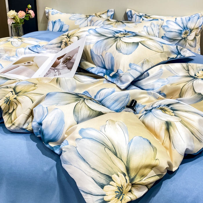 91家纺网 家纺一手货源 找家纺 红日子纺织品 2023新款水洗真丝印花四件套 向阳花开