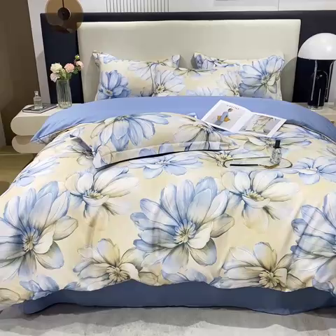 91家纺网 家纺一手货源 找家纺 红日子纺织品 2023新款水洗真丝印花四件套 向阳花开