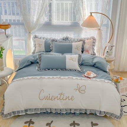 91家纺网 家纺一手货源 找家纺 慕语2023新款蝶之恋刺绣磨毛花边四件套 蝶之恋-湖蓝