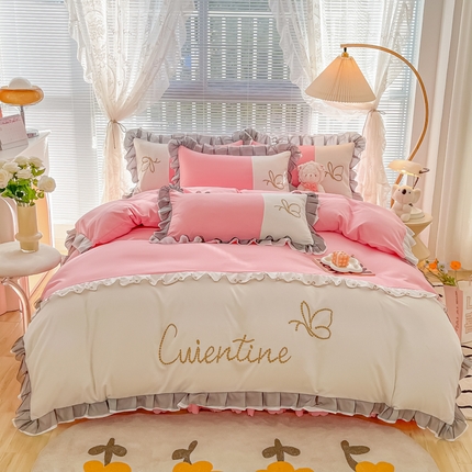 91家纺网 家纺一手货源 找家纺 慕语2023新款蝶之恋刺绣磨毛花边四件套 蝶之恋-粉玉