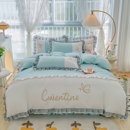 91家纺网 家纺一手货源 找家纺 慕语2023新款蝶之恋刺绣磨毛花边四件套 蝶之恋-湖水绿