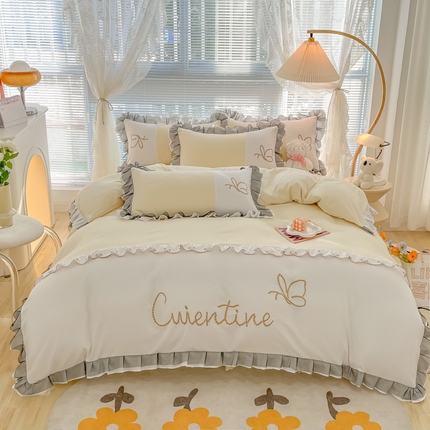 91家纺网 家纺一手货源 找家纺 慕语2023新款蝶之恋刺绣磨毛花边四件套 蝶之恋-米黄