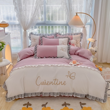 91家纺网 家纺一手货源 找家纺 慕语2023新款蝶之恋刺绣磨毛花边四件套 蝶之恋-魔芋粉