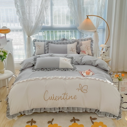 91家纺网 家纺一手货源 找家纺 慕语2023新款蝶之恋刺绣磨毛花边四件套 蝶之恋-银灰