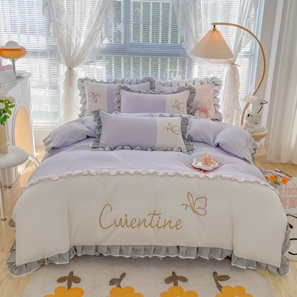 91家纺网 家纺一手货源 找家纺 慕语2023新款蝶之恋刺绣磨毛花边四件套 蝶之恋-香芋紫