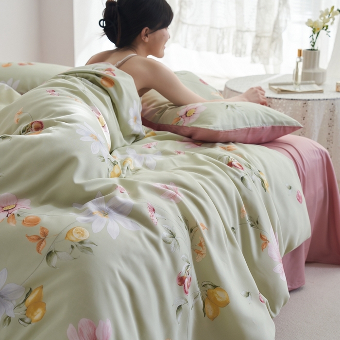 91家纺网 家纺一手货源 找家纺 时年 2023新款天丝印花四件套 浅语初开-绿