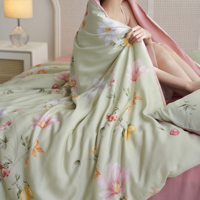 91家纺网 家纺一手货源 找家纺 时年 2023新款天丝印花四件套 浅语初开-绿