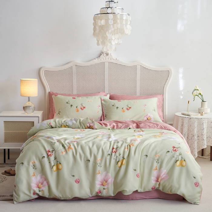 91家纺网 家纺一手货源 找家纺 时年 2023新款天丝印花四件套 浅语初开-绿