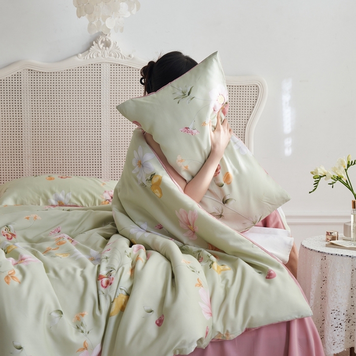 91家纺网 家纺一手货源 找家纺 时年 2023新款天丝印花四件套 浅语初开-绿